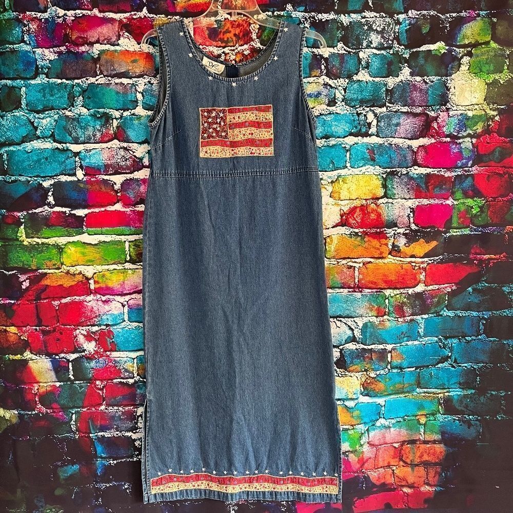 Donna Ricco Patriotic Flag Denim Maxi Dress 8P  Embroidered